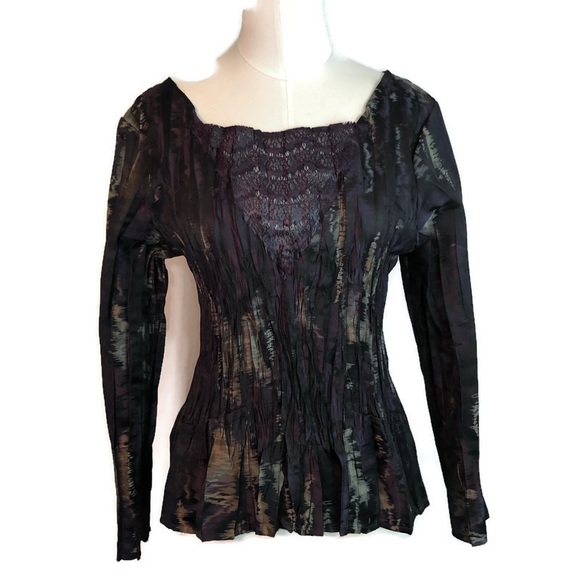 Babette Pleated Crinkle Long Sleeve Dark Purple &Black Square Neck Top Petite - Picture 1 of 15